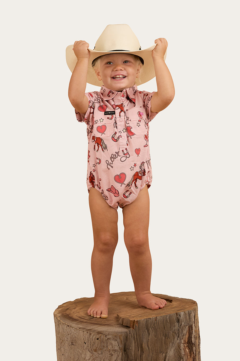 Mini Cowgirl Babies Short Sleeve Work Shirt Romper - Dusty Pink