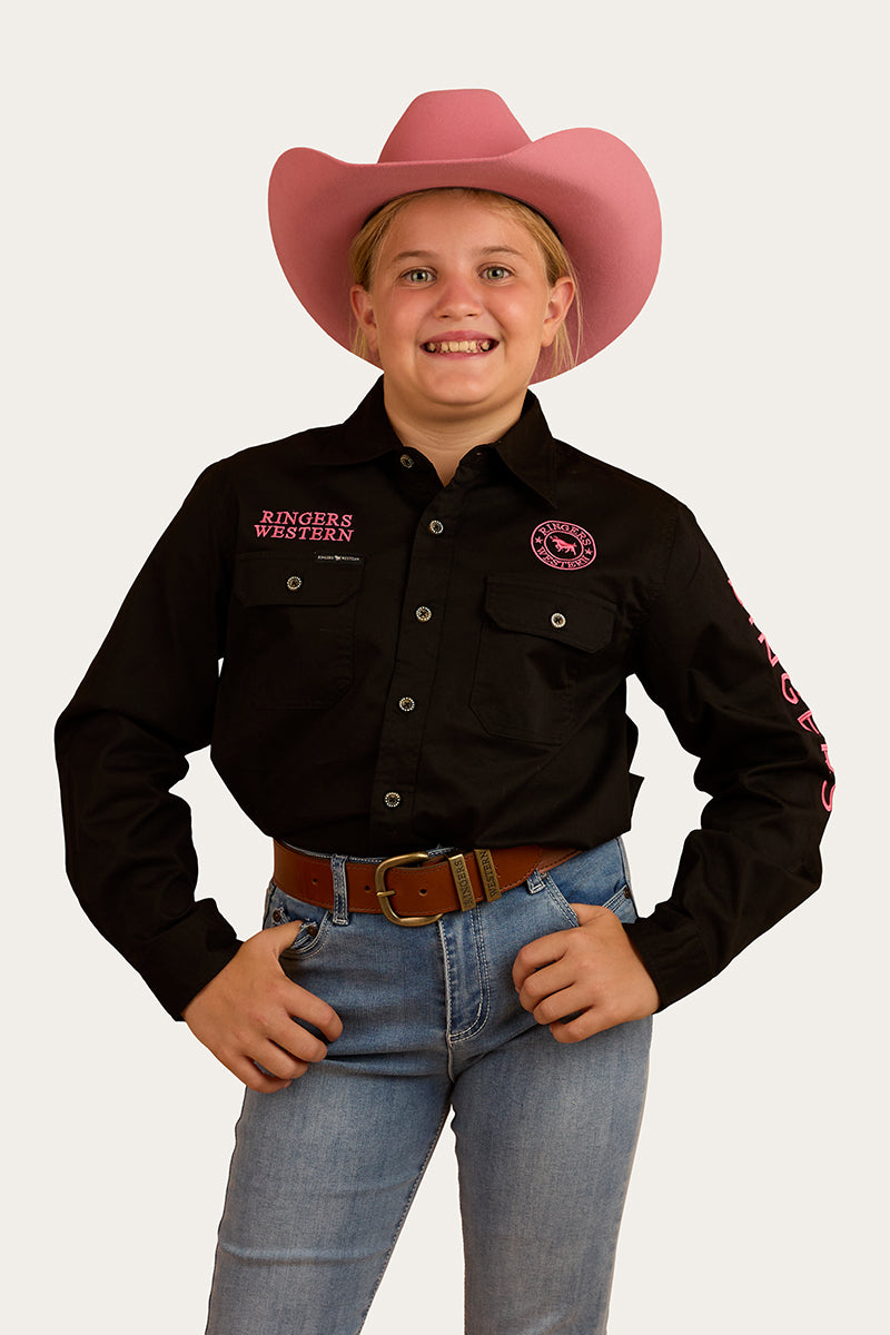 Jackaroo Kids Full Button Work Shirt - Black/Melon